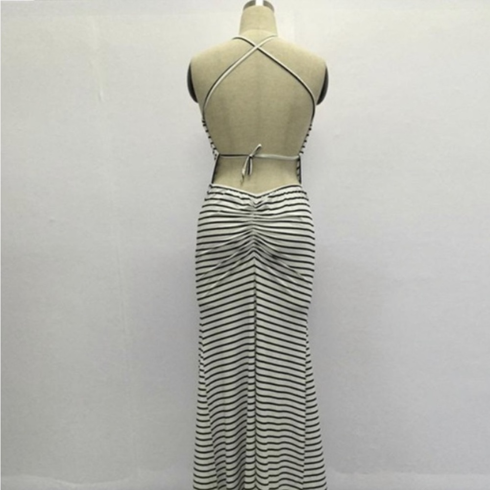 NEW BLACK & WHITE STRIPED HALTER MAXI DRESS - Picture 3 of 7